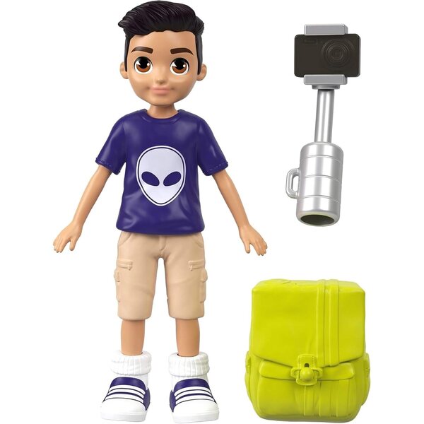 Polly Pocket Nicolas Puppe mit Selfie-Stick und Sportrucksack, 7,6 cm
