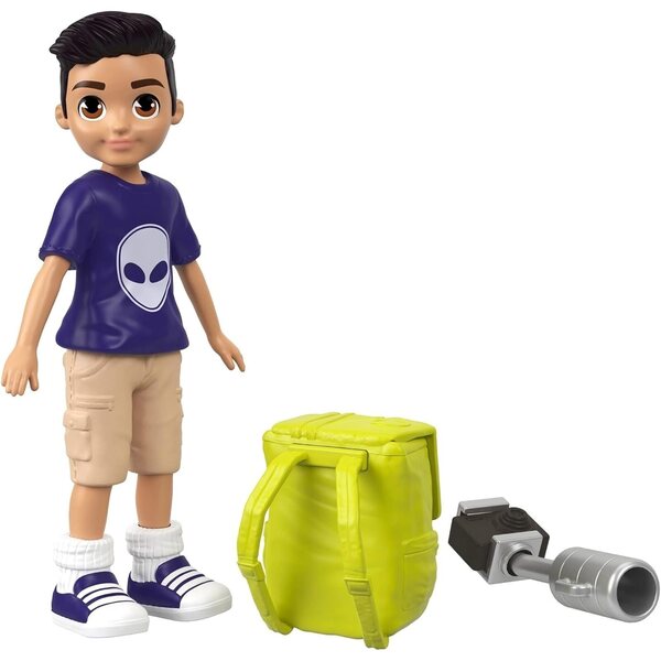 Polly Pocket Nicolas Puppe mit Selfie-Stick und Sportrucksack, 7,6 cm