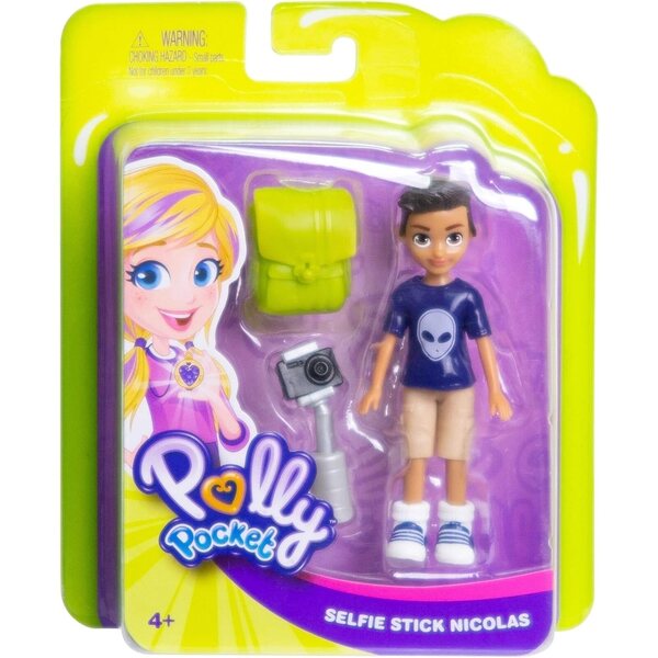 Polly Pocket Nicolas Puppe mit Selfie-Stick und Sportrucksack, 7,6 cm