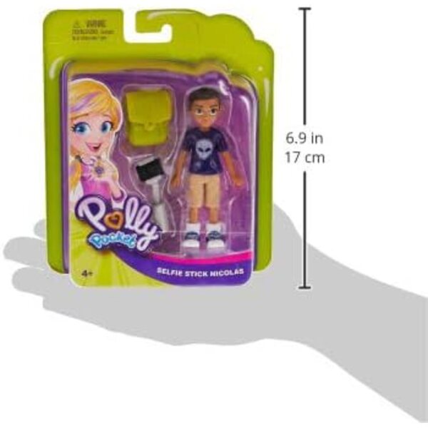 Polly Pocket Nicolas Puppe mit Selfie-Stick und Sportrucksack, 7,6 cm