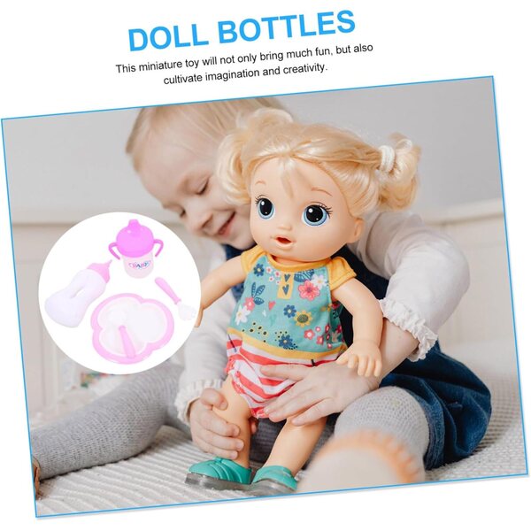 Set Accessori Miniatura per Bambole con Biberon, Piatto e Forchetta in Plastica
