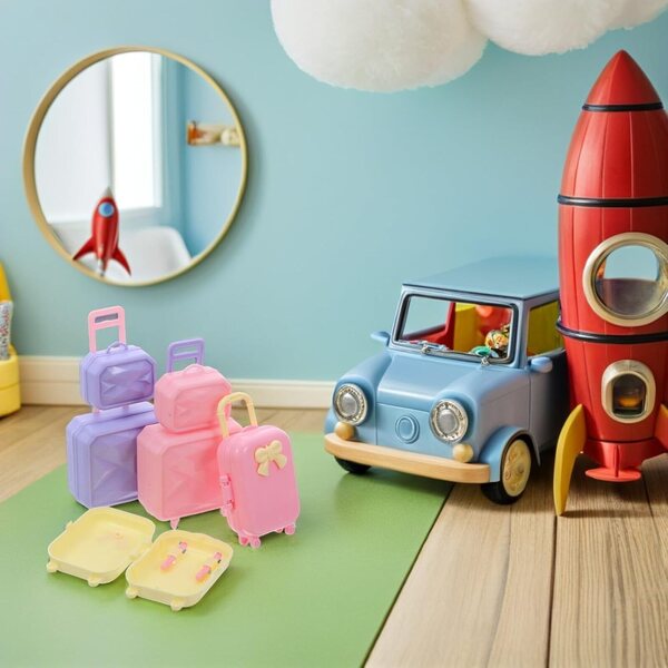 Set mit 4 Mini-Koffer 30 cm aus stabilem Kunststoff für das Puppenhaus, leuchtende Farben