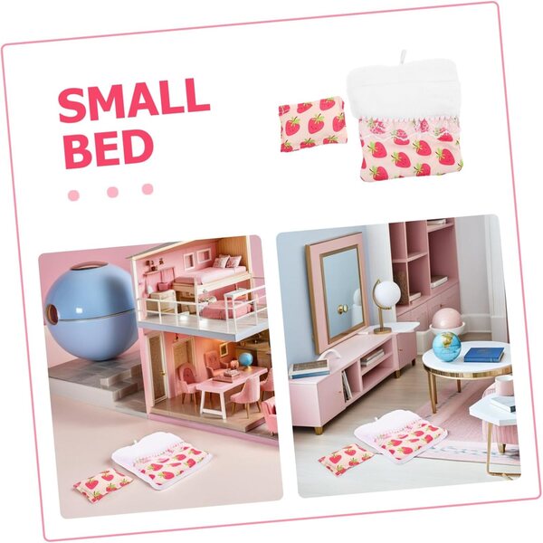 Set in miniatura Sacco nanna in peluche con cuscino fragola per bambola Casa Gioco