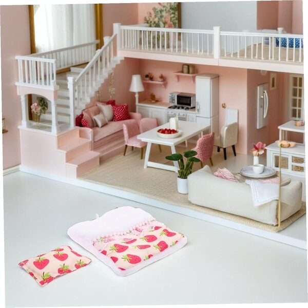 Set in miniatura Sacco nanna in peluche con cuscino fragola per bambola Casa Gioco