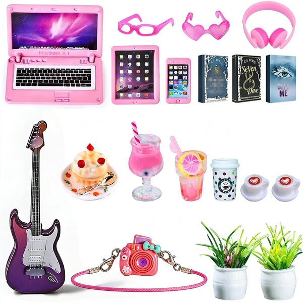 Set 21 Mini Accessori Decorativi per Casa delle Bambole - Libri, Strumenti Musicali, Bevande