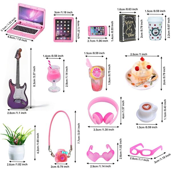 Set 21 Mini Accessori Decorativi per Casa delle Bambole - Libri, Strumenti Musicali, Bevande
