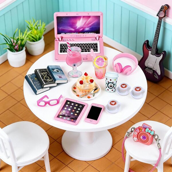 Set 21 Mini Accessori Decorativi per Casa delle Bambole - Libri, Strumenti Musicali, Bevande