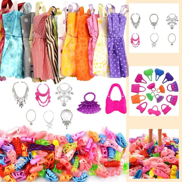 Set 32 accessori per bambole: 10 abiti, scarpe, occhiali e collane per giochi di ruolo