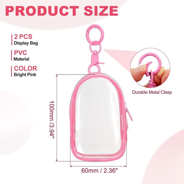 QUARKZMAN 2 Stück transparente Display-Taschen mit Schlüsselanhänger, Pink, 10 x 2 cm