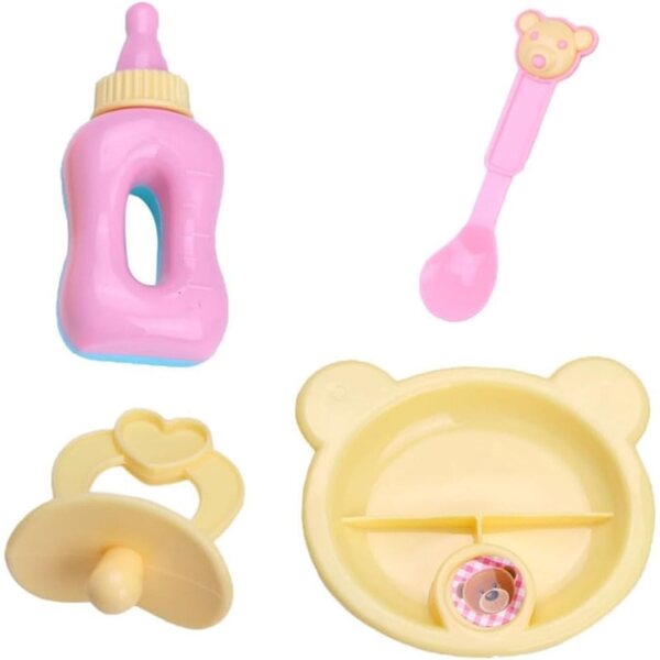 Set mit 4 Puppenhauszubehörteilen: Flasche, Löffel, Untertasse und Schnuller für Babys