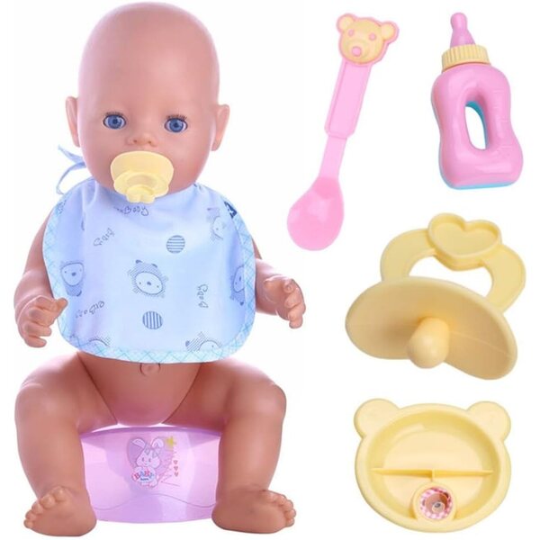 Set mit 4 Puppenhauszubehörteilen: Flasche, Löffel, Untertasse und Schnuller für Babys