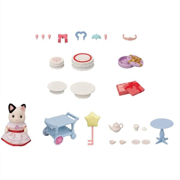 Zweifarbiges Chatgirl von Sylvanian Families und ihr Geburtstagstee mit Accessoires