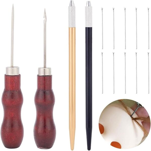 Professionelles Set zum Implantieren von Haaren bei Puppen mit Holzsockel und Stahlspitzen