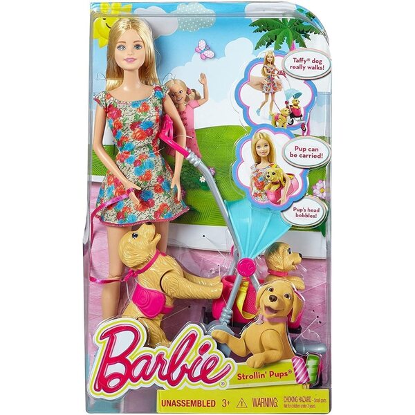 Barbie Mattel CNB21 Spaziergang mit Hund und Poussette mit Puppi-Kopfbewegung