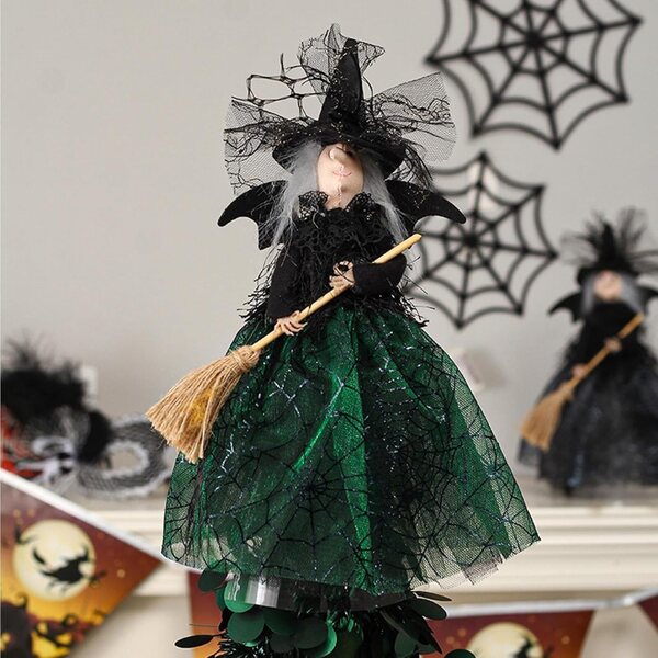 Decorazione Halloween Sorpresa per Cima Albero Strega Nera con Balai Volante 28,5cm