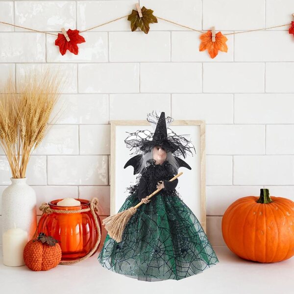 Decorazione Halloween Sorpresa per Cima Albero Strega Nera con Balai Volante 28,5cm