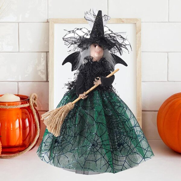 Decorazione Halloween Sorpresa per Cima Albero Strega Nera con Balai Volante 28,5cm