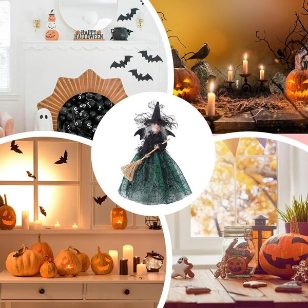 Decorazione Halloween Sorpresa per Cima Albero Strega Nera con Balai Volante 28,5cm