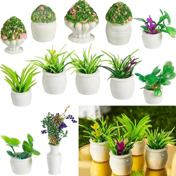 Chuangdi 12 Mini-Kunstpflanzen für Puppenhäuser, 6 Arten von Miniatur-Bonsai