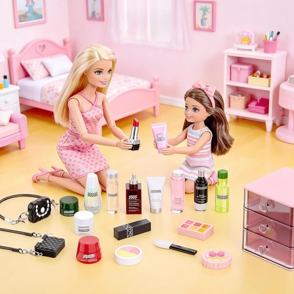 Set vu 76 Miniatur Accessoiren fir Buedzëmmer Poppen mat Make-up, Schong an Organisator