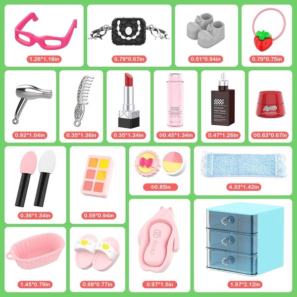 Set vu 76 Miniatur Accessoiren fir Buedzëmmer Poppen mat Make-up, Schong an Organisator