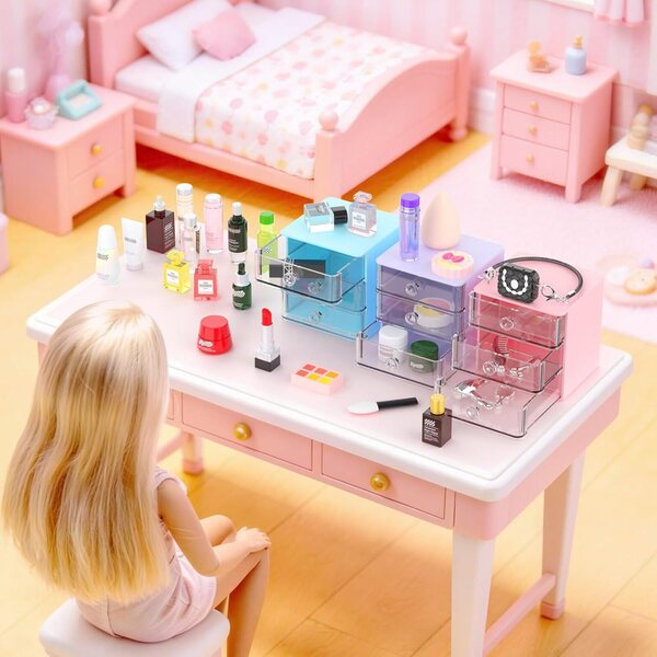 Set vu 76 Miniatur Accessoiren fir Buedzëmmer Poppen mat Make-up, Schong an Organisator