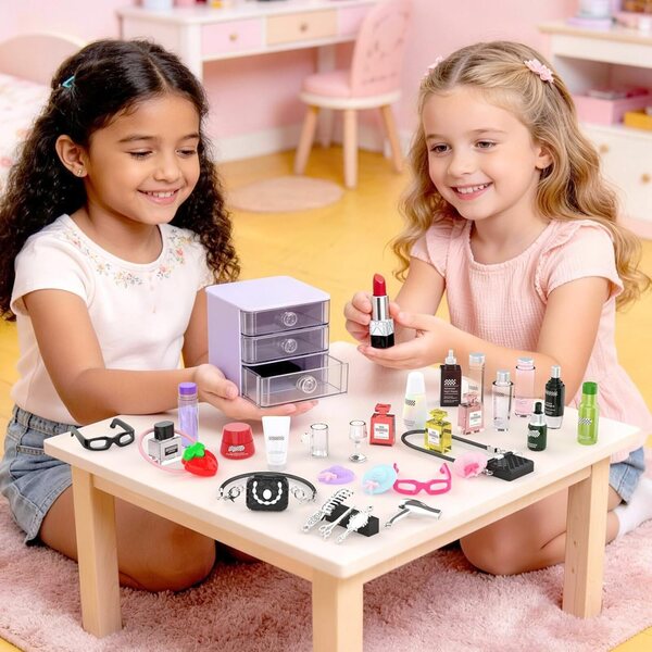 Set vu 76 Miniatur Accessoiren fir Buedzëmmer Poppen mat Make-up, Schong an Organisator