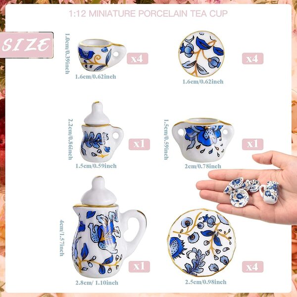 Set med tekoppar i miniatyrporslin 1:12 med blommönster och gyllene finish