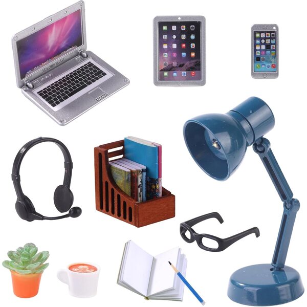 Accessoires Miniatuur Laptop poppenhuis 1:12 - Set van 17 stuks voor decoraties en spelletjes