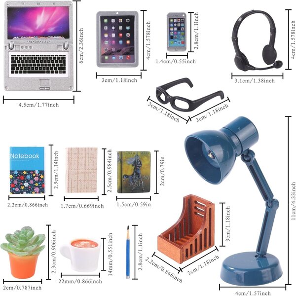 Zubehör Miniatur-Laptop-Puppenhaus 1:12 – Set mit 17 Teilen für Dekorationen und Spiele