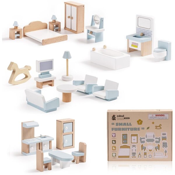 ROBUD wooden dollhouse furniture set, 23 pieces for creative play 3+
