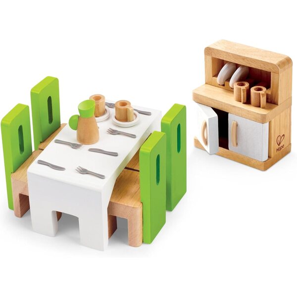 Esszimmermöbel-Set aus Holz für ein Puppenhaus im Maßstab 1:12 mit komplettem Zubehör
