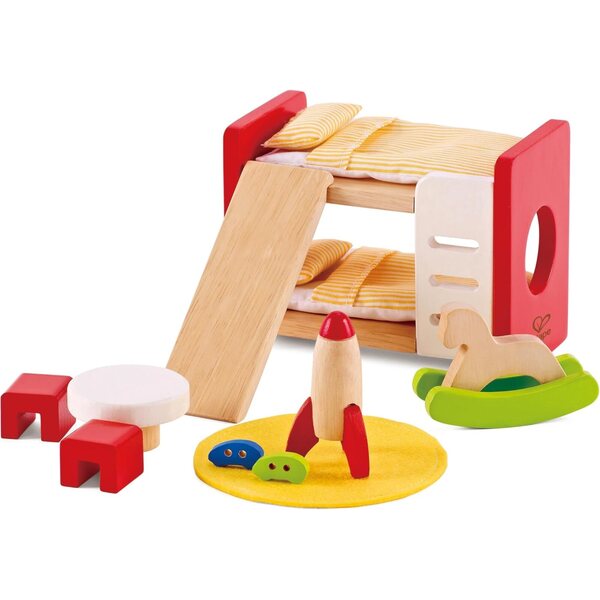 Kinderzimmer-Einrichtungsset aus Holz für das Hape-Puppenhaus im Maßstab 1:12
