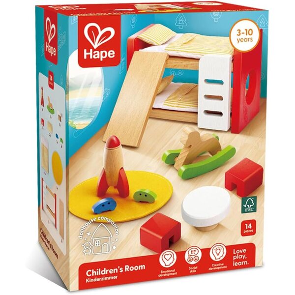 Kinderzimmer-Einrichtungsset aus Holz für das Hape-Puppenhaus im Maßstab 1:12