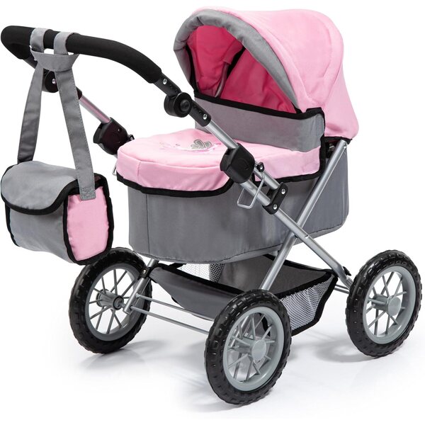 Bayer Design Trendiger grau/rosa Puppenwagen mit verstellbarem Griff