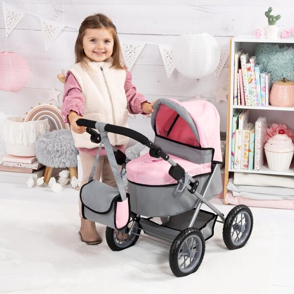 Bayer Design Trendiger grau/rosa Puppenwagen mit verstellbarem Griff