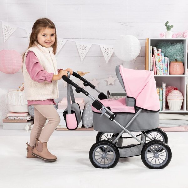 Bayer Design Trendiger grau/rosa Puppenwagen mit verstellbarem Griff