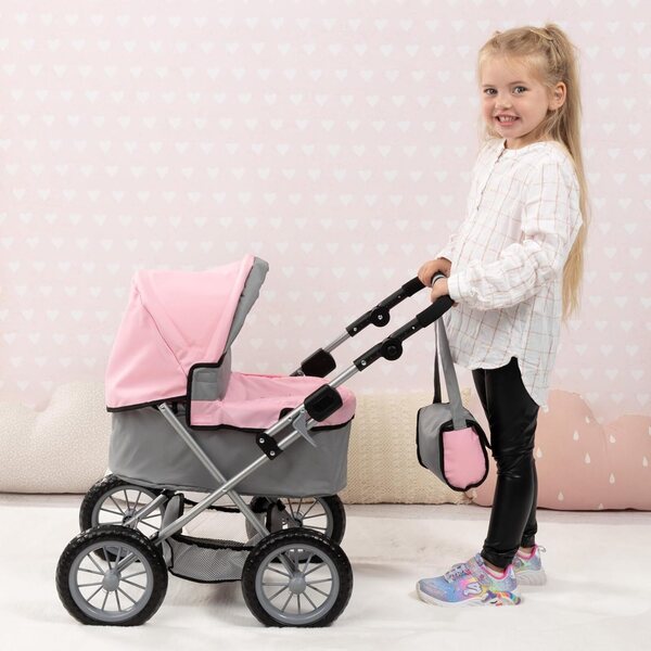 Bayer Design Trendiger grau/rosa Puppenwagen mit verstellbarem Griff