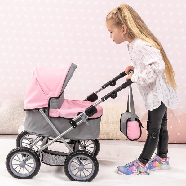Bayer Design Trendiger grau/rosa Puppenwagen mit verstellbarem Griff