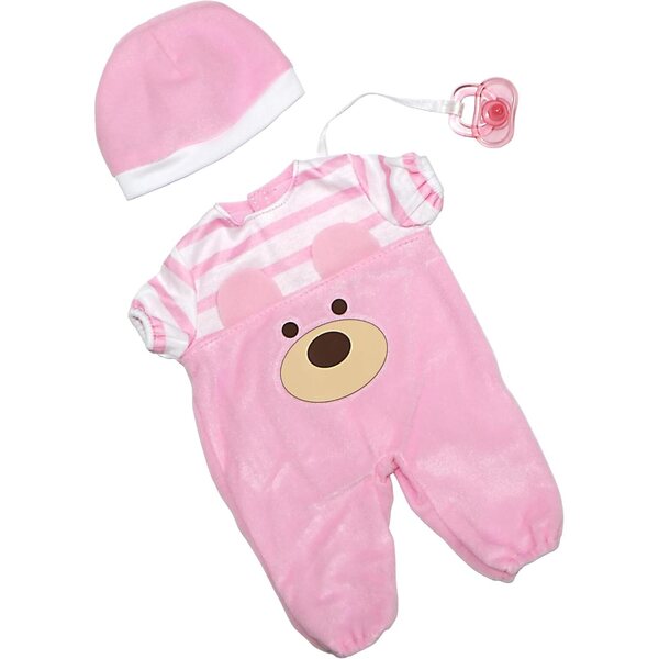 Vêtements pour poupées JC Toys de 12 à 14 pouces : Pink Bear Onesie avec accessoires inclus