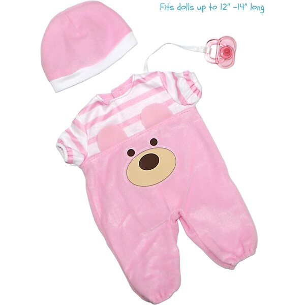 Kleidung für 12–14 Zoll große JC Toys-Puppen: Pink Bear Onesie mit Zubehör im Lieferumfang enthalten