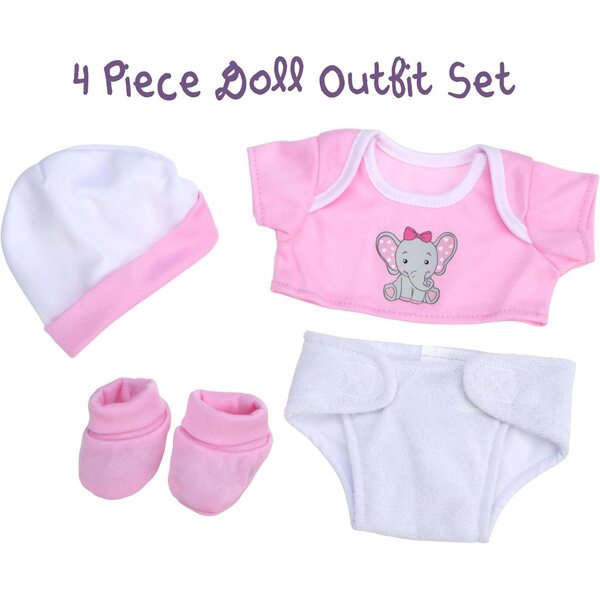 4-teiliges Babyausstattungsset für 12–14 Zoll große JC Toys-Puppen mit rosa und weißem Elefanten