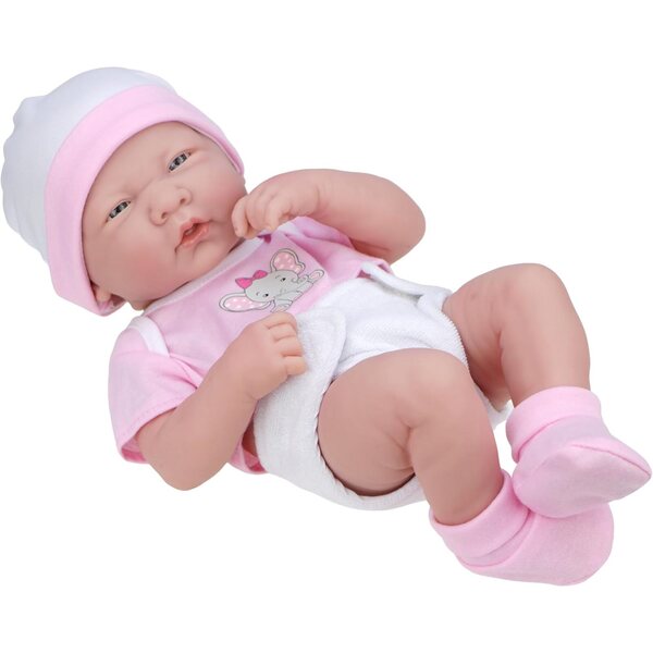 4-teiliges Babyausstattungsset für 12–14 Zoll große JC Toys-Puppen mit rosa und weißem Elefanten