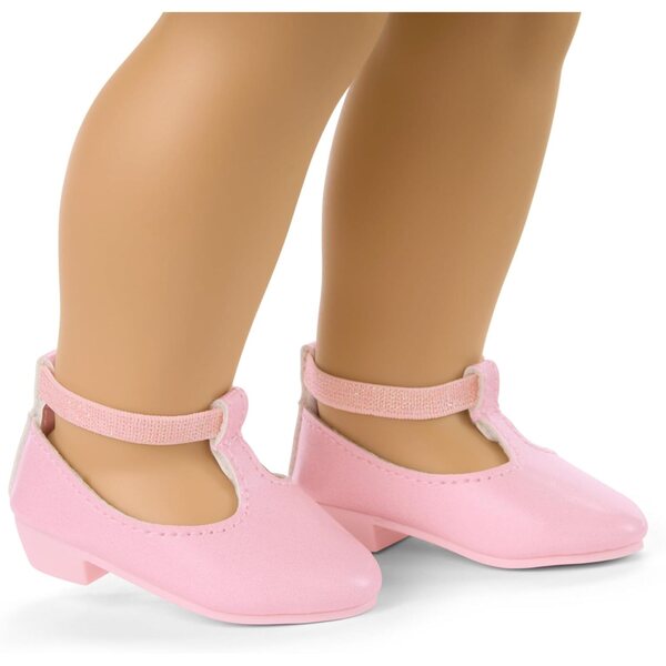 Kleid mit pastellfarbenen Blütenblättern für 18-Zoll-Puppen mit rosa Stirnband und Ballerinas