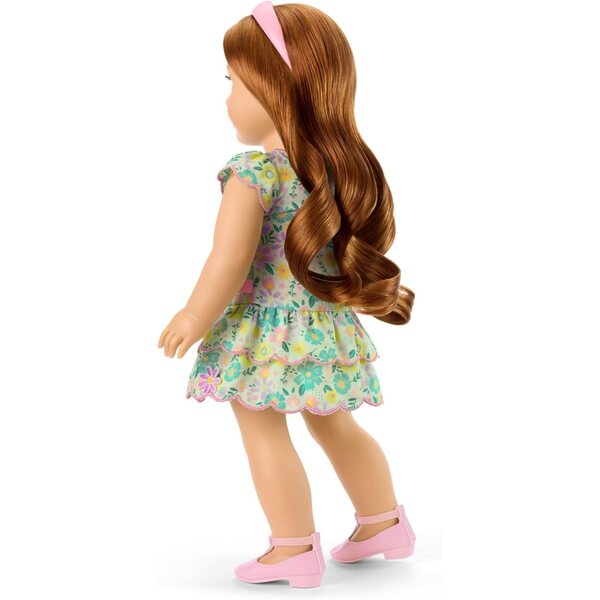 Kleid mit pastellfarbenen Blütenblättern für 18-Zoll-Puppen mit rosa Stirnband und Ballerinas