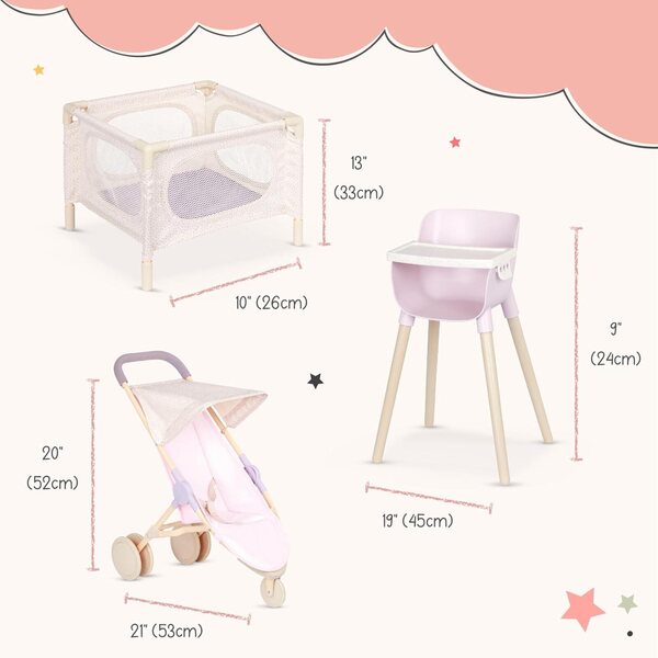 LullaBaby Kinderzimmer-Set mit realistischer 36-cm-Puppe, Kinderwagen und Hochstuhl