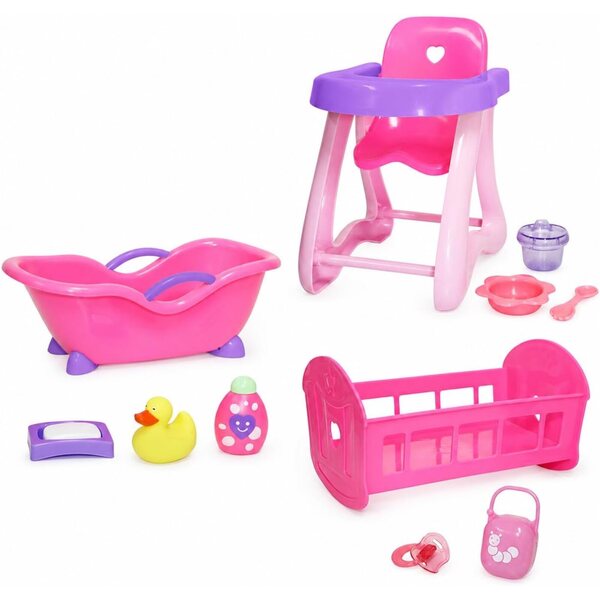 Komplettes Zubehör für 11-Zoll-Puppen JC Toys | Hochstuhl, Kinderbett, Babybadewanne und mehr rosa