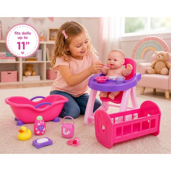 Komplettes Zubehör für 11-Zoll-Puppen JC Toys | Hochstuhl, Kinderbett, Babybadewanne und mehr rosa