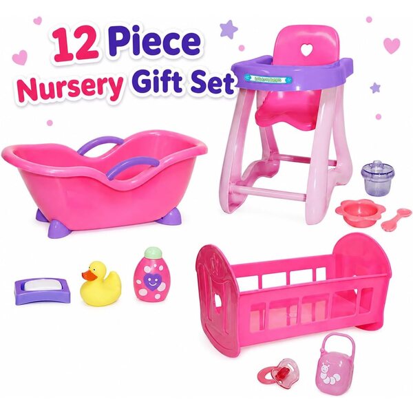 Komplettes Zubehör für 11-Zoll-Puppen JC Toys | Hochstuhl, Kinderbett, Babybadewanne und mehr rosa