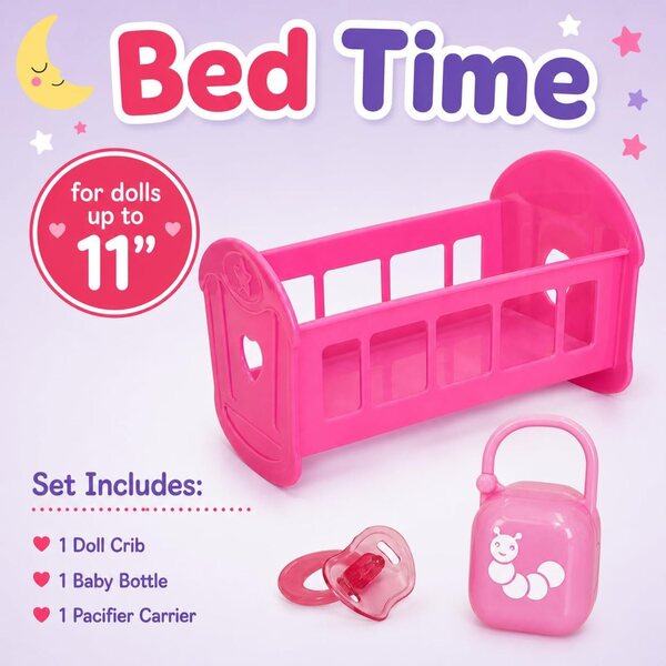 Komplettes Zubehör für 11-Zoll-Puppen JC Toys | Hochstuhl, Kinderbett, Babybadewanne und mehr rosa